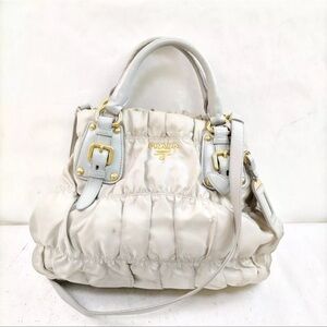 Prada Tessuto Gaufre Satchel in pale Grey/ Gold